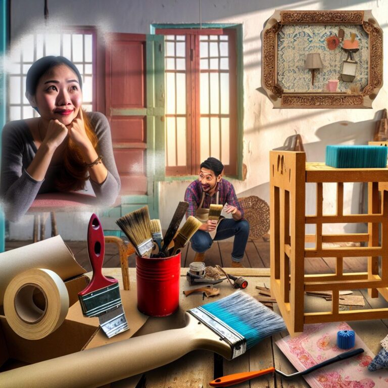 Asian woman painting chair, man trimming wallpaper.