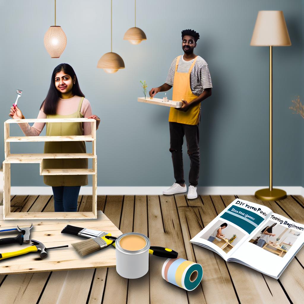 South Asian woman building wooden shelf, Black man painting wall.