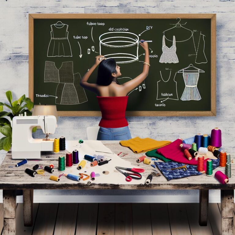 South Asian woman sewing DIY tube top at home.