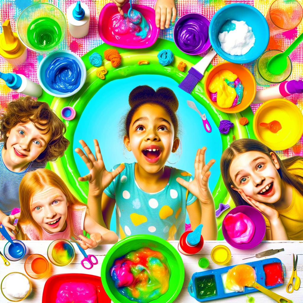 Kids making homemade colorful slime together.