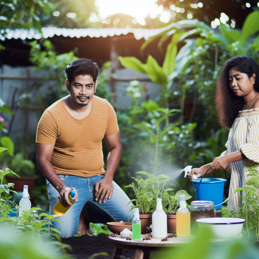 South Asian man and Hispanic woman DIY pest control in lush garden.