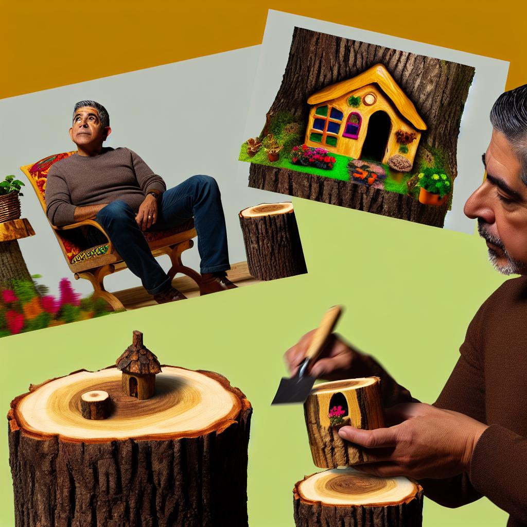 Hispanic man transforming tree stump into décor.