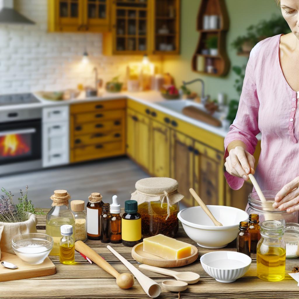 Woman creating DIY remedy at home.