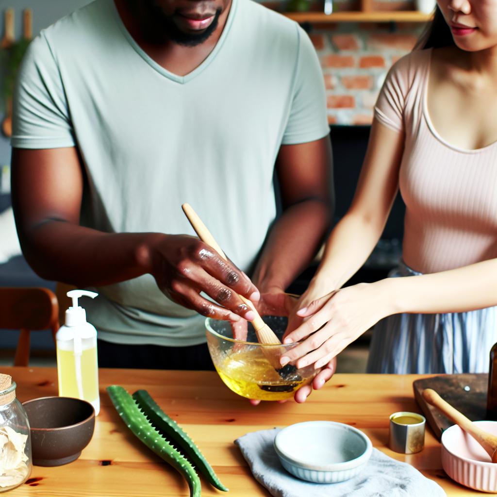 Hands making DIY natural lubricant at home.