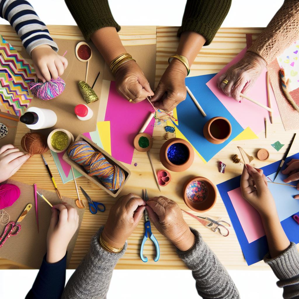 Diverse hands crafting on wooden table.