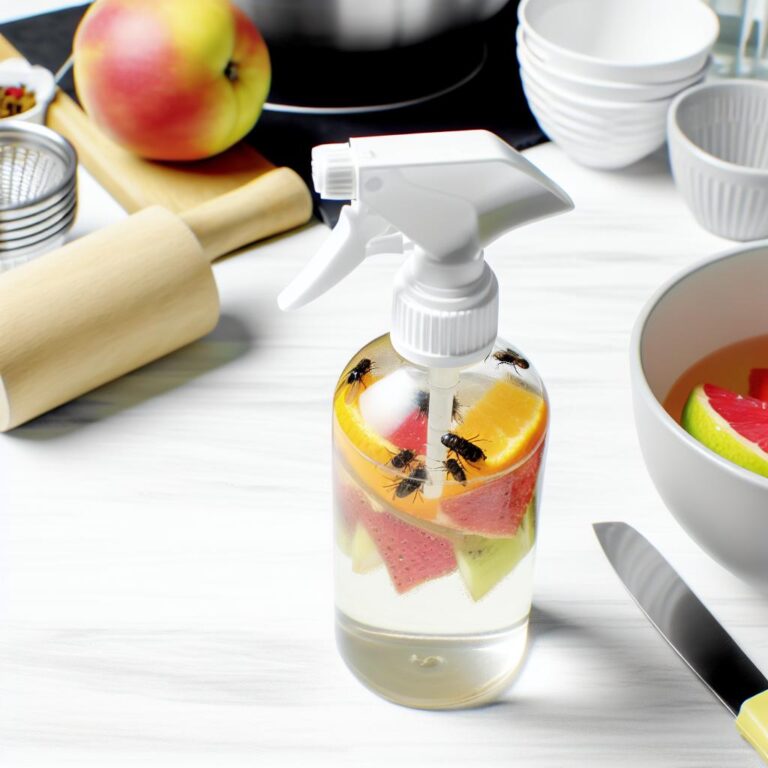 Bright kitchen with homemade fruit fly spray.